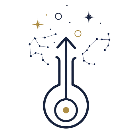 Logo von Kosmos im Kopf - Eine Laborflasche, die sich in den Sternenhimmel öffnet, Als Inhalt ist das Uranussymbol,der pfeil des Uranus schiesst aus der Flasche in den Himmel